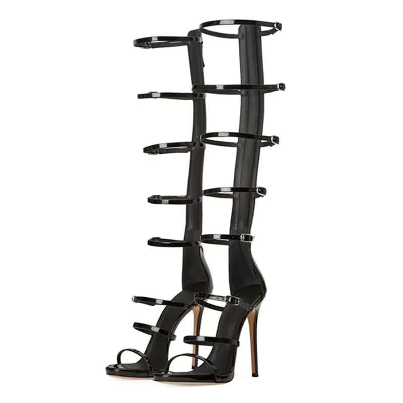Leather Work Heels - 夏の女性用クールブーツ新作2026セクシー10cmハイヒールサンダルバックルブラックゴールドドレスパーティー女性用ニーハイブーツ大きいサイズ36-43