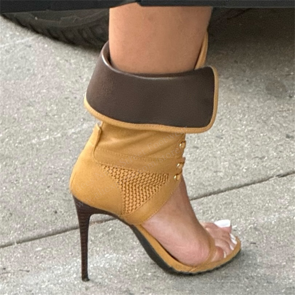 Leather Work Heels - 女性オープントゥスティレットレースアップサンダルセクシーなレザーハイヒールフォールドオーバーエレガント2026最新カジュアルパーティードレスシューズ