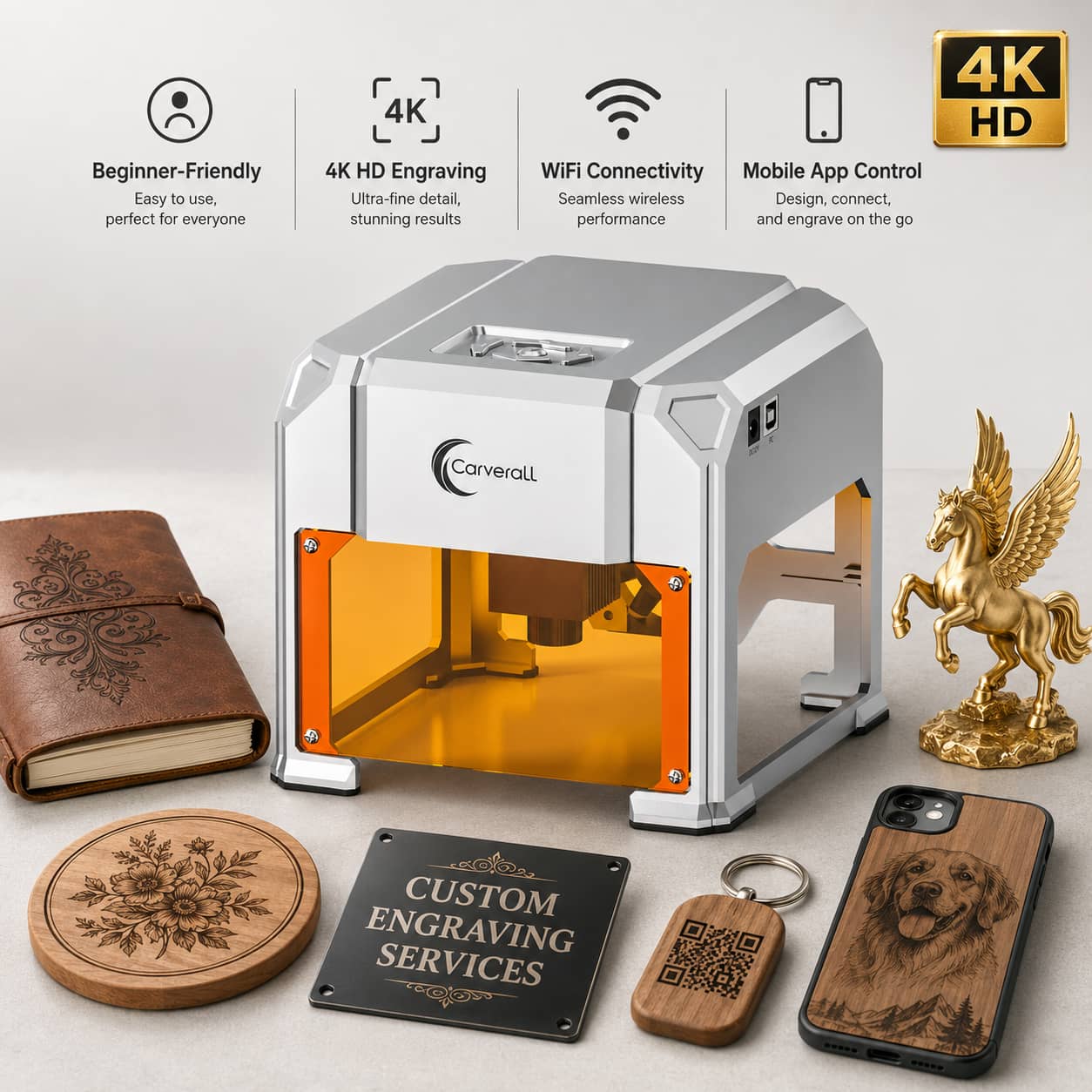 Leather Workshop - カバーラルレーザー彫刻機、K4 3W、A1 Pro 5W/10W、HDカメラポジショニング＆デュアルレーザーメタルカッター、WiFiアプリ制御、木製アクリル革DIYクラフト家庭用ワークショップ向け密閉型デスクトップ彫刻ツール