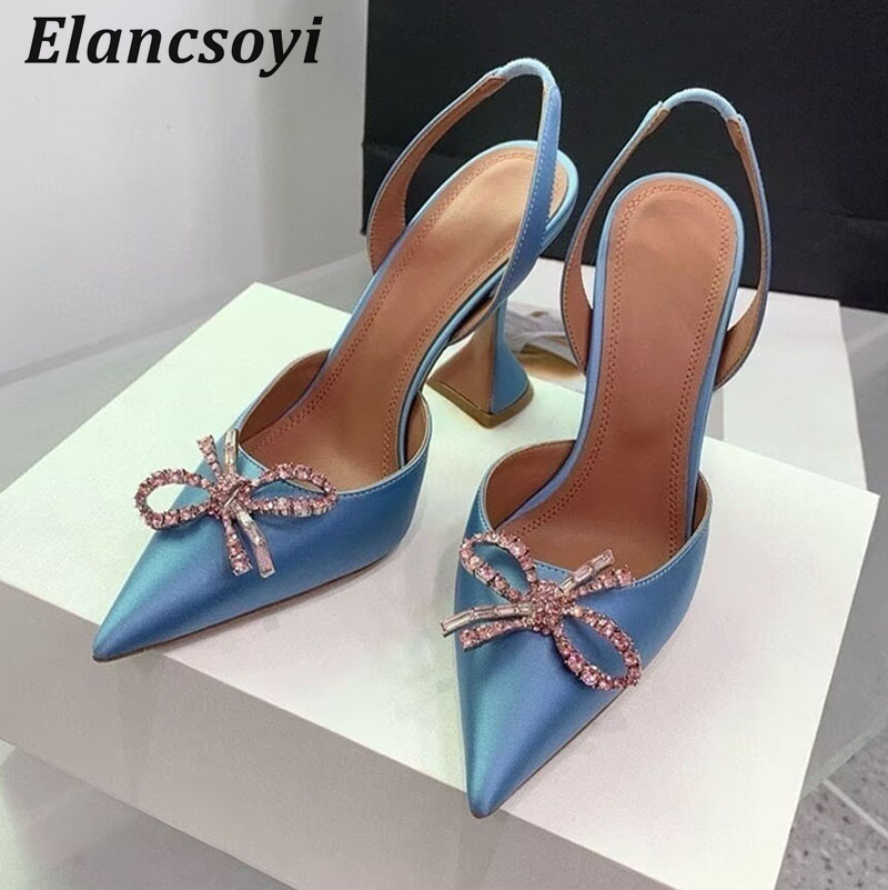 ポインテッドトゥハイヒール女性パンプスクリスタルボウサテンサ - Leather Work Heels のレビューと価格
