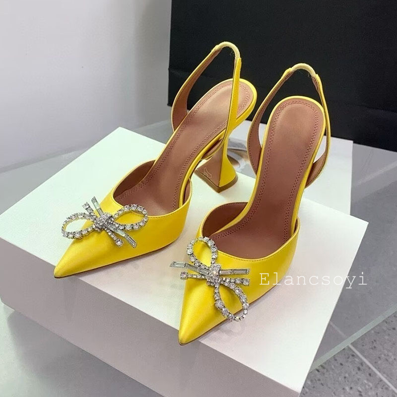 ポインテッドトゥハイヒール女性パンプスクリスタルボウサテンサ - Leather Work Heels のレビューと価格