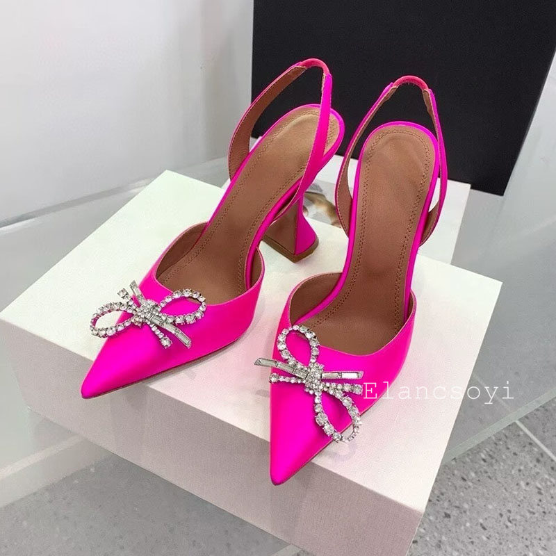 ポインテッドトゥハイヒール女性パンプスクリスタルボウサテンサ - Leather Work Heels のレビューと価格